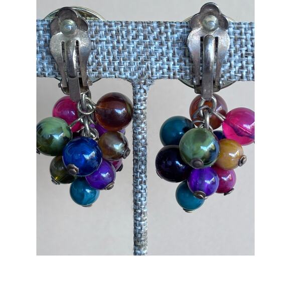 Vintage 80's Enamel & Jewel Tone Beaded Drop Dangle Earrings - Picture 3 of 5